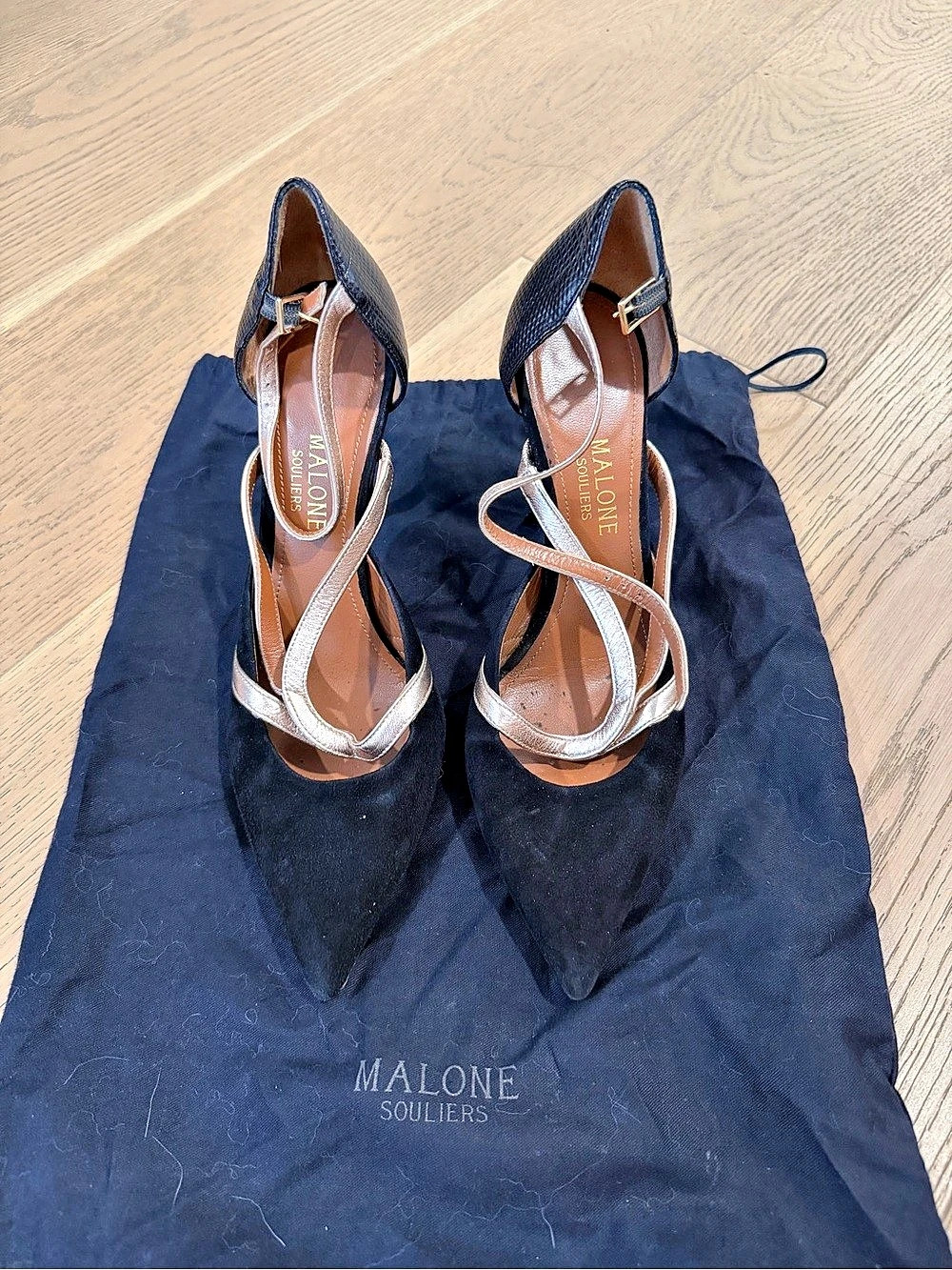 Malone Souliers Pointed Toe Heels in Black & Gold EU 38